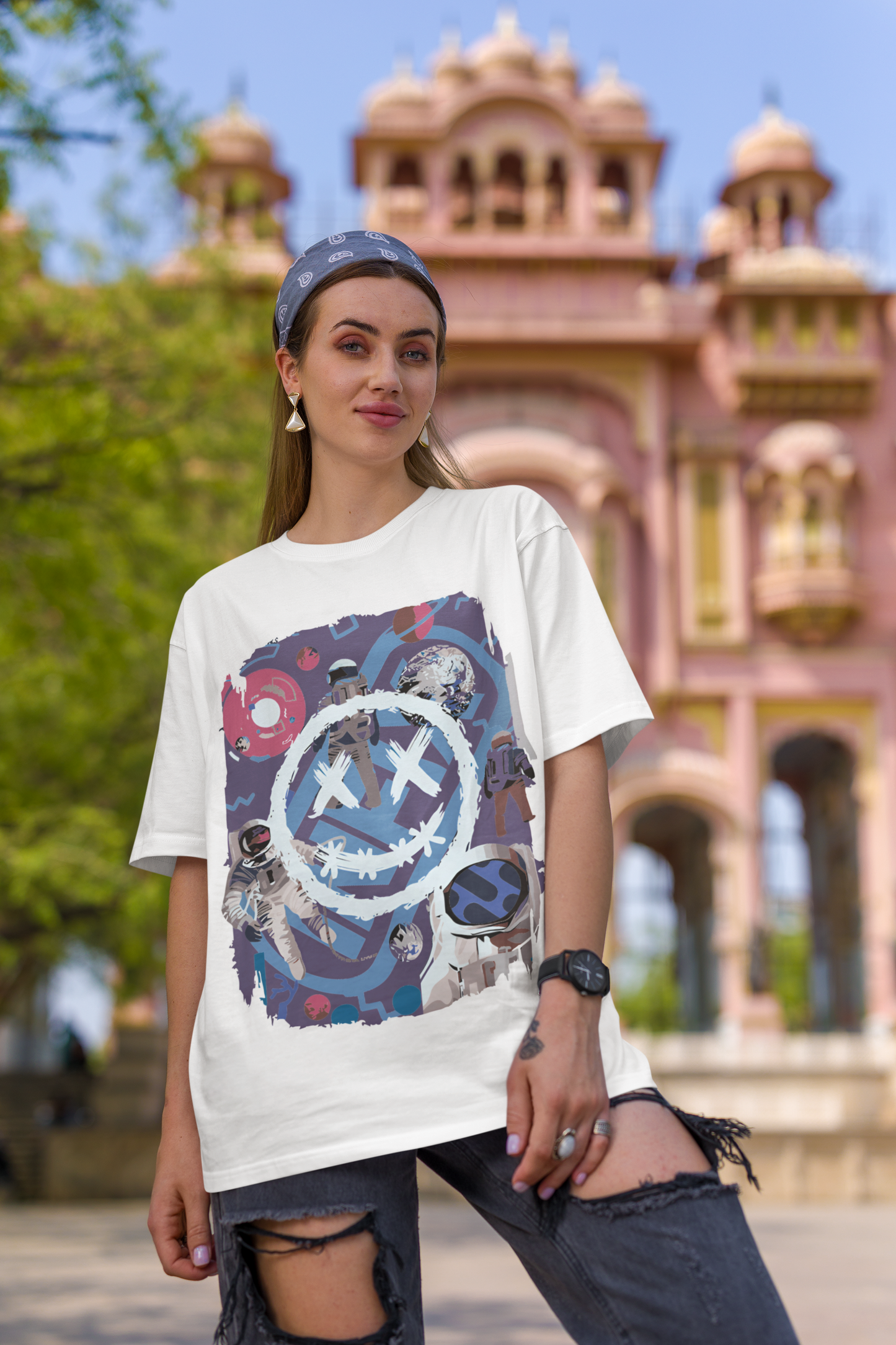 Oversized Extended Neck Astronaut Graphic T Shirt White