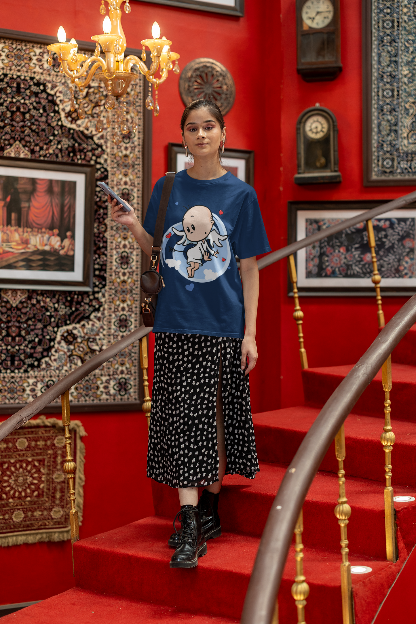 Oversized Extended Neck Baby Angel T Shirt Blue