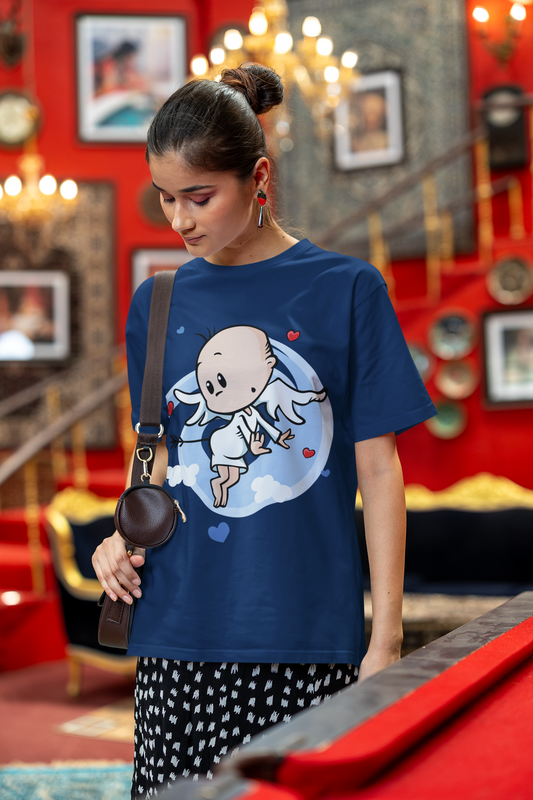 Oversized Extended Neck Baby Angel T Shirt Blue