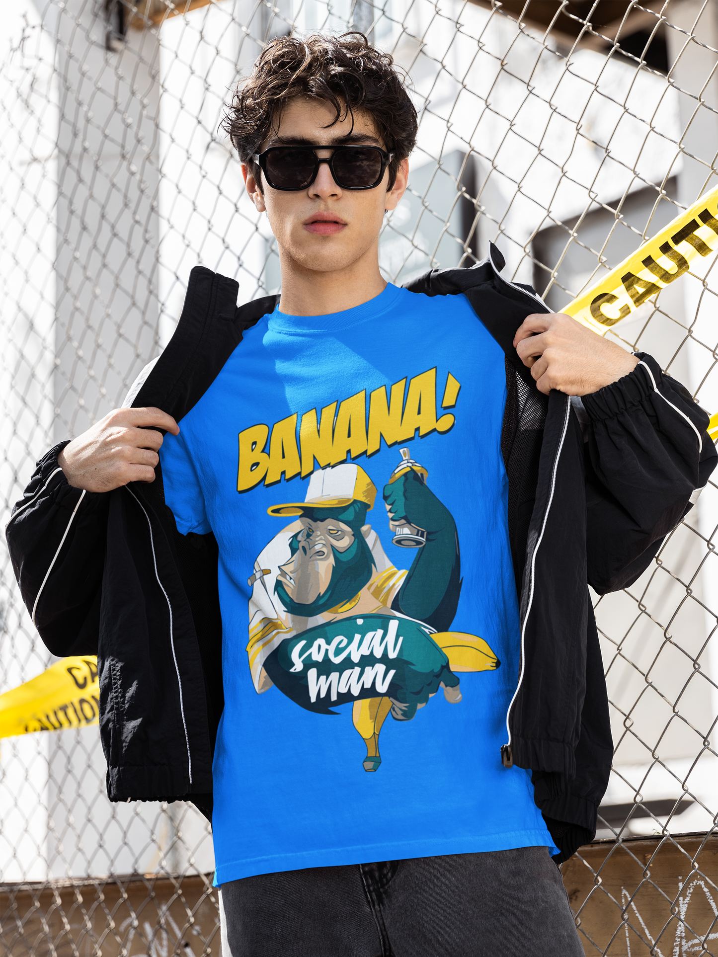 Oversized Extended Neck Banana Social T-Shirt Blue