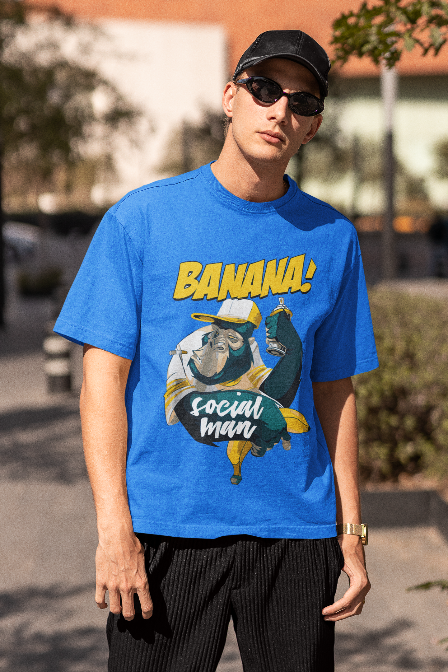 Oversized Extended Neck Banana Social T-Shirt Blue