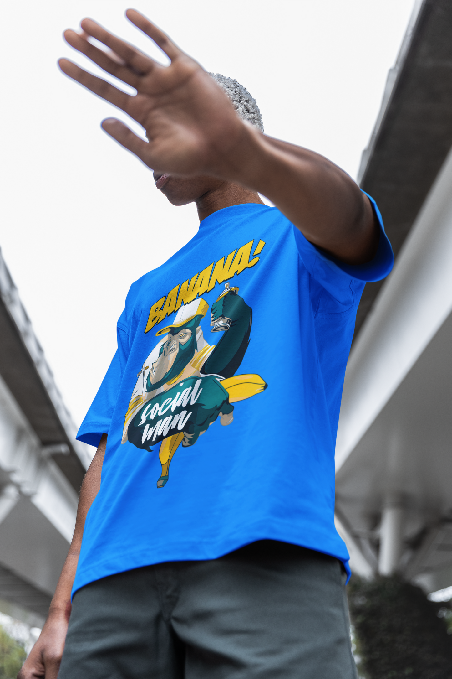 Oversized Extended Neck Banana Social T-Shirt Blue