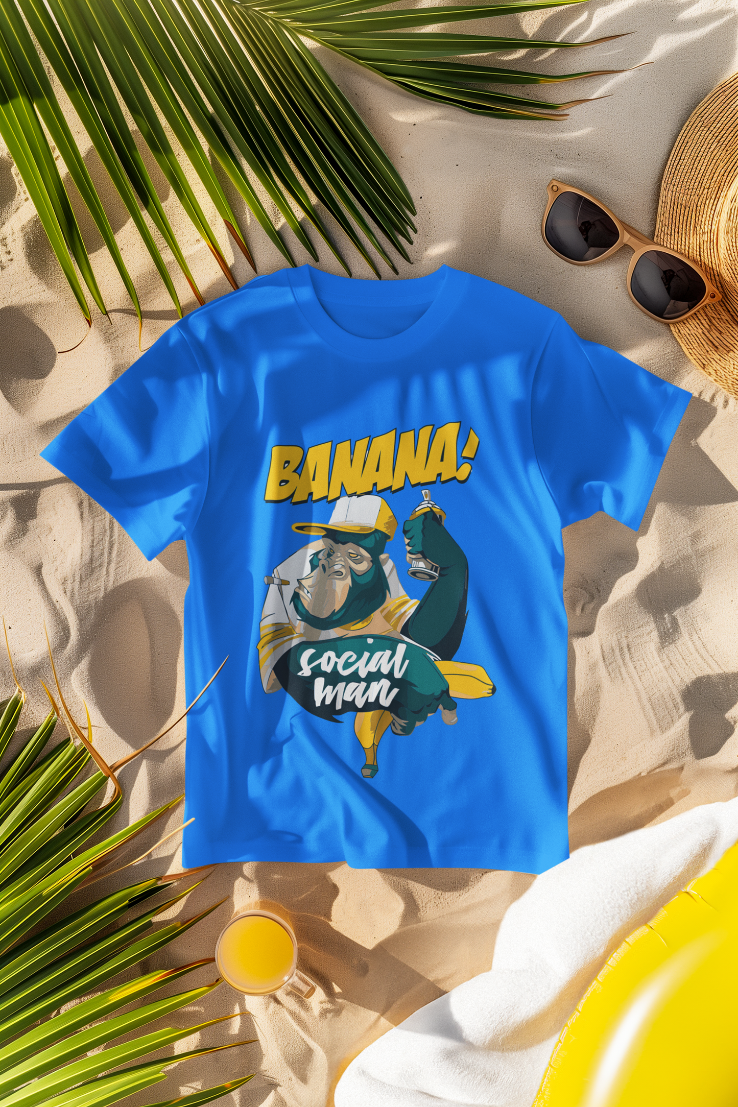 Oversized Extended Neck Banana Social T-Shirt Blue