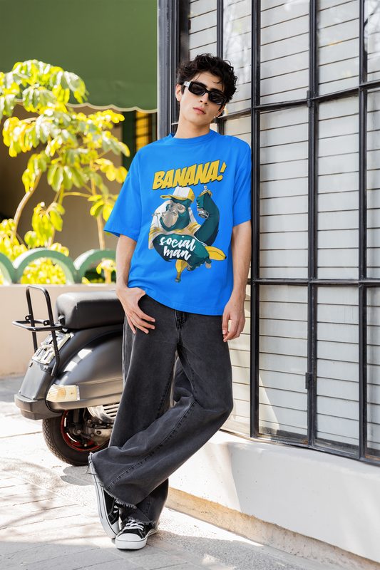 Oversized Extended Neck Banana Social T-Shirt Blue
