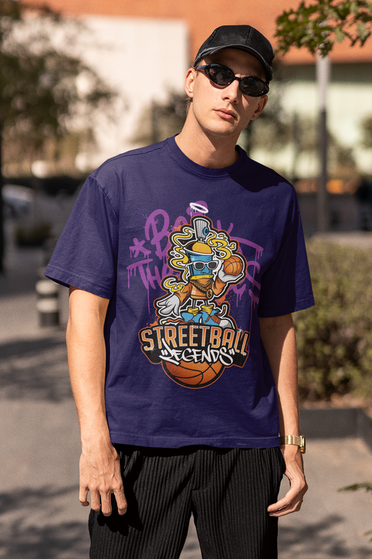 Oversized Extended Neck Basketball Grafitti T-Shirt Purple