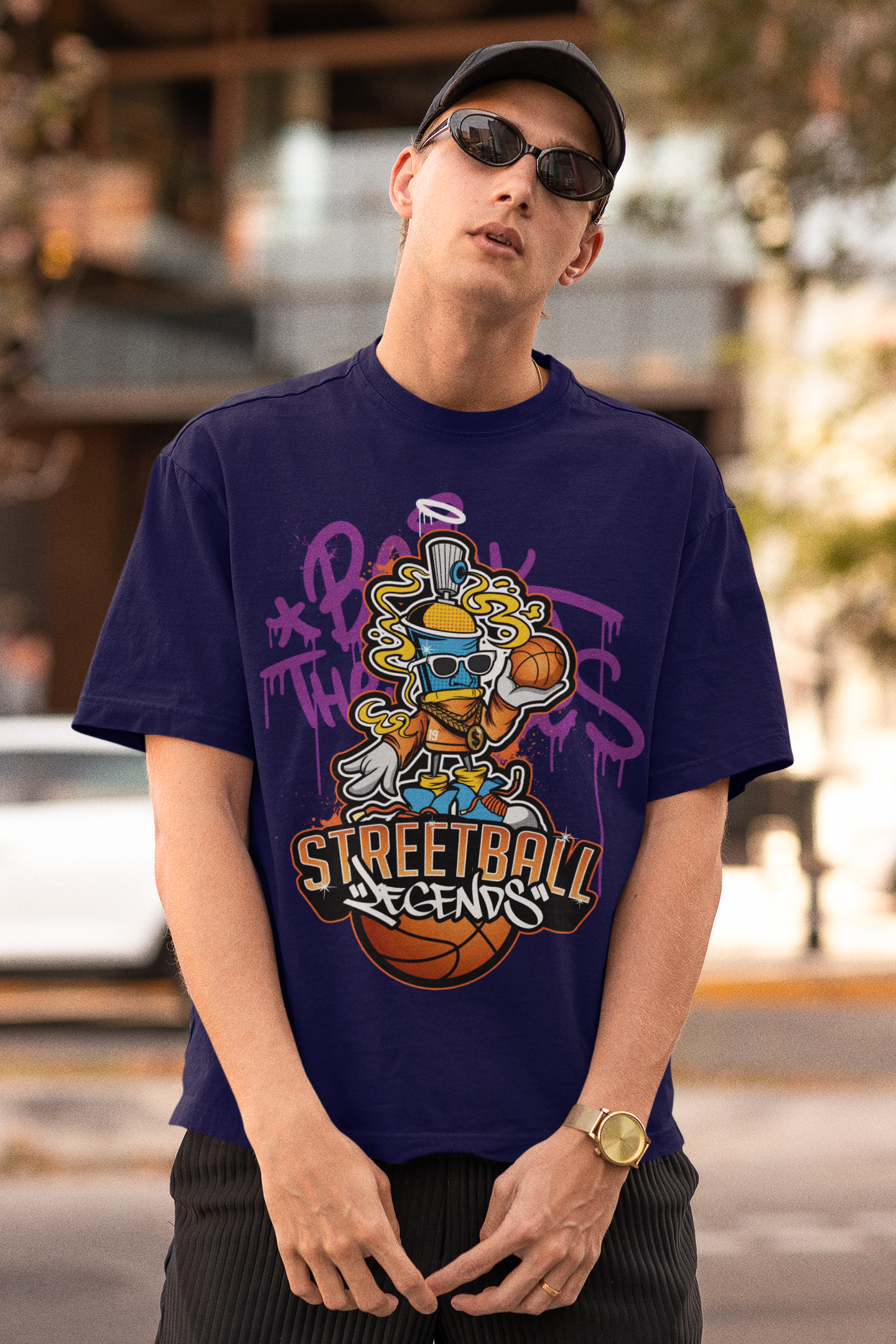 Oversized Extended Neck Basketball Grafitti T-Shirt Purple