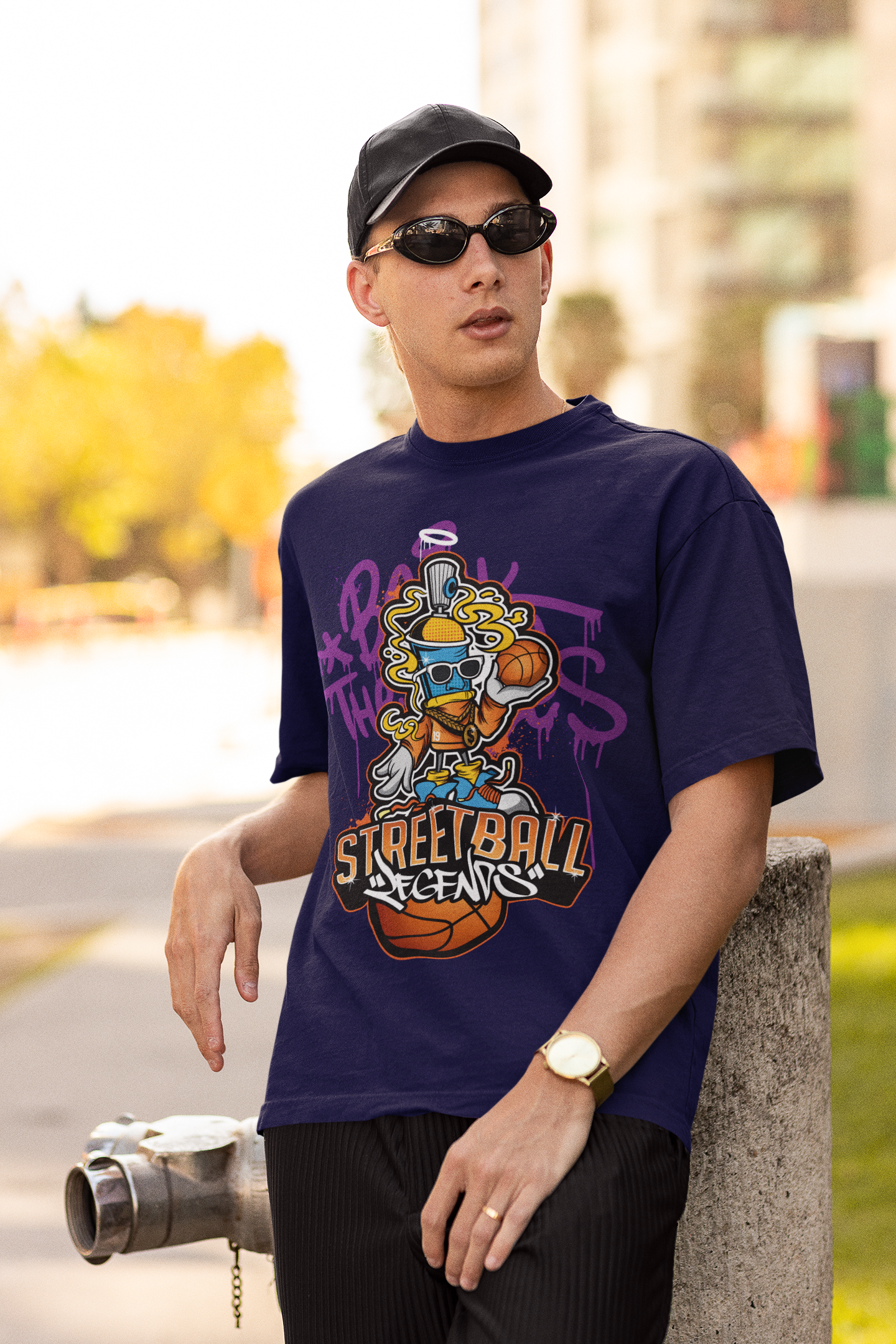 Oversized Extended Neck Basketball Grafitti T-Shirt Purple