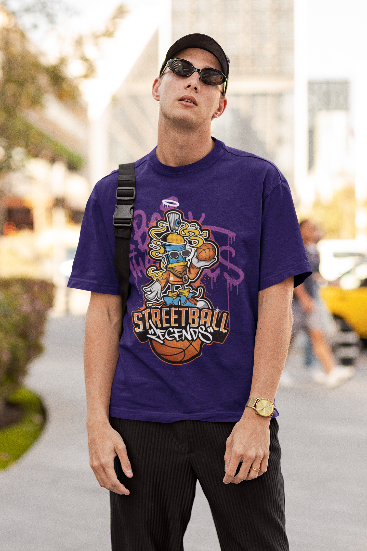 Oversized Extended Neck Basketball Grafitti T-Shirt Purple