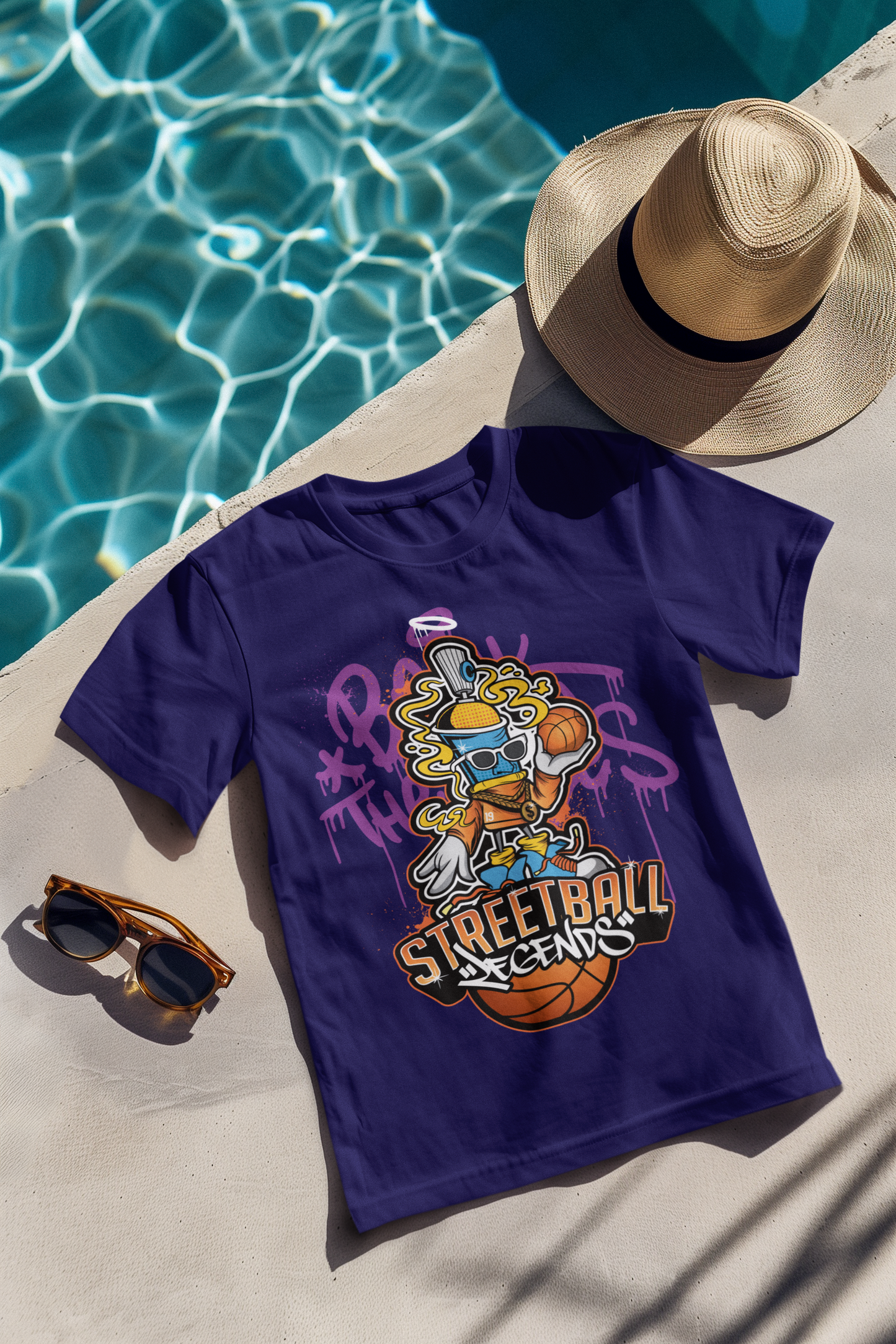 Oversized Extended Neck Basketball Grafitti T-Shirt Purple