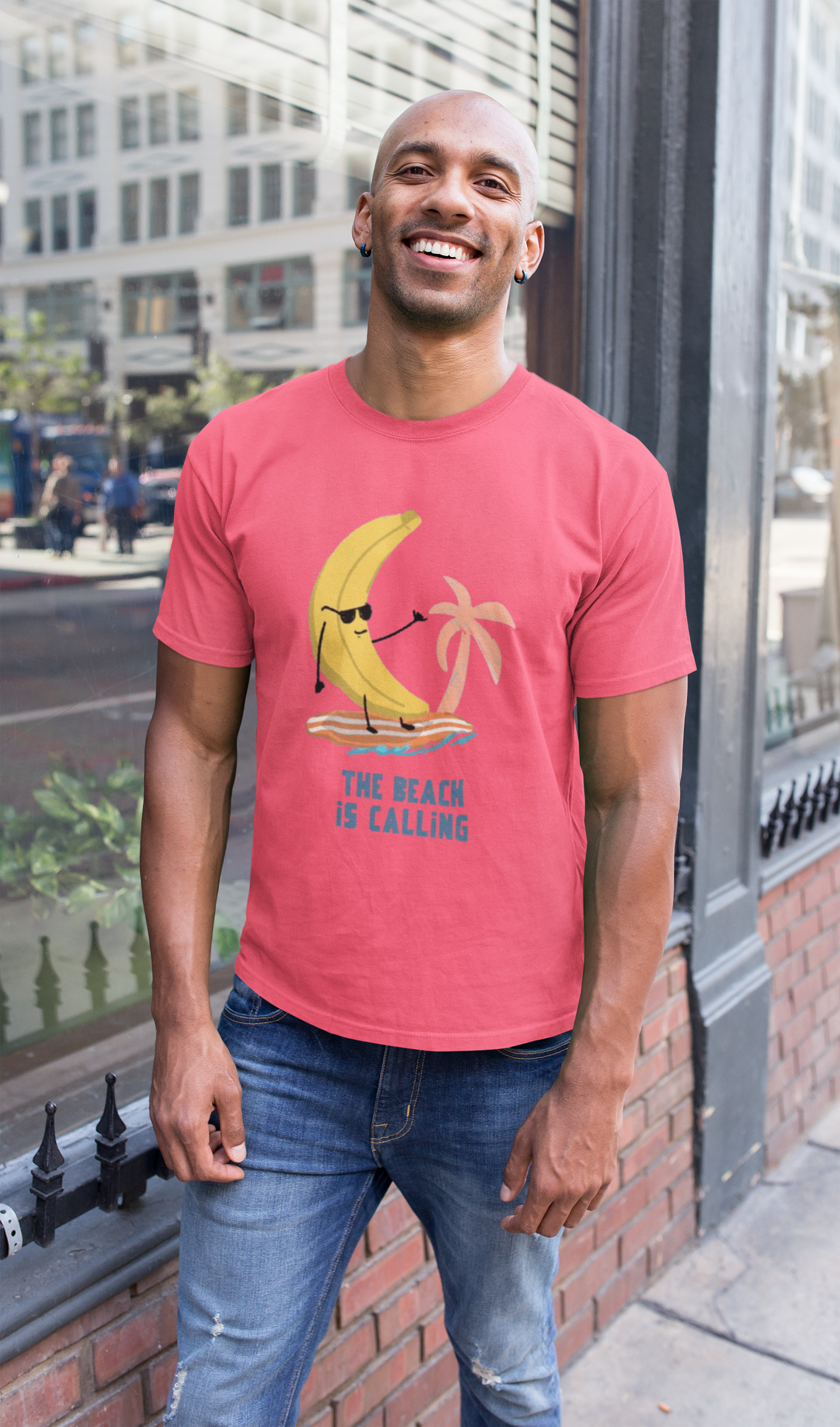Regular Fit Classic Fit Beach Calling T-Shirt Men Peach Pink