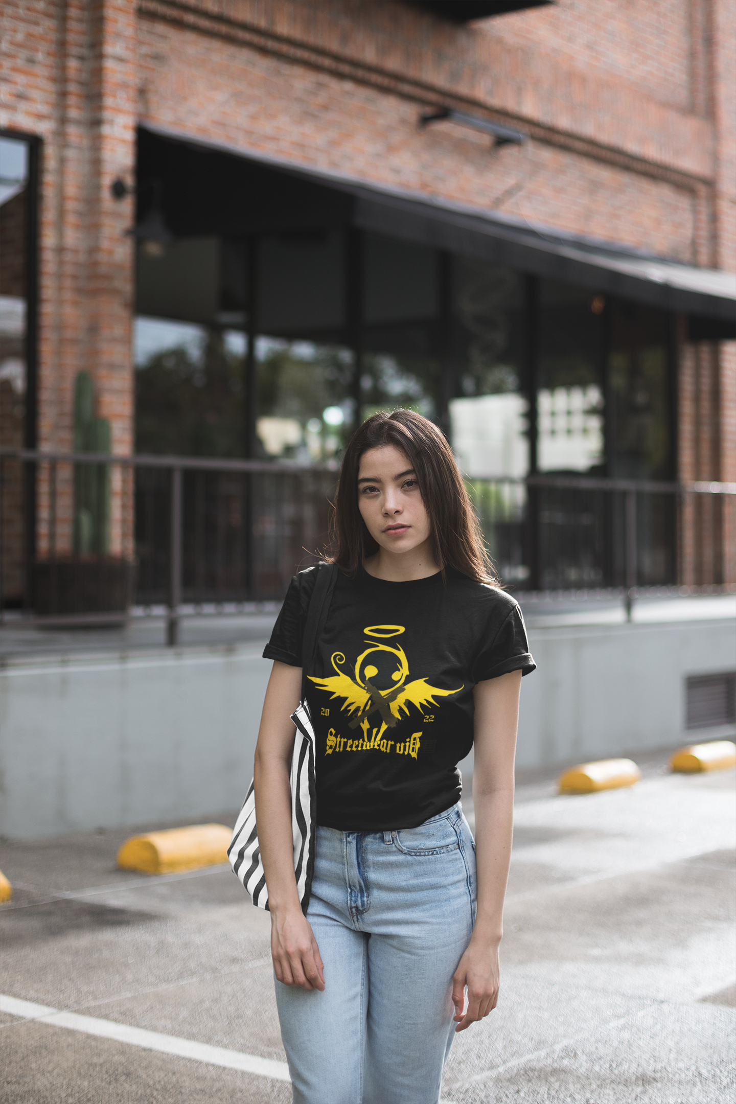 Regular Fit Classic Fit Angel Black T-Shirt Women