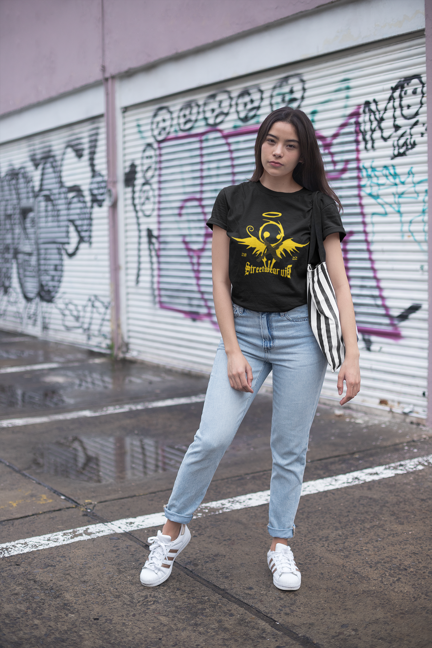 Regular Fit Classic Fit Angel Black T-Shirt Women