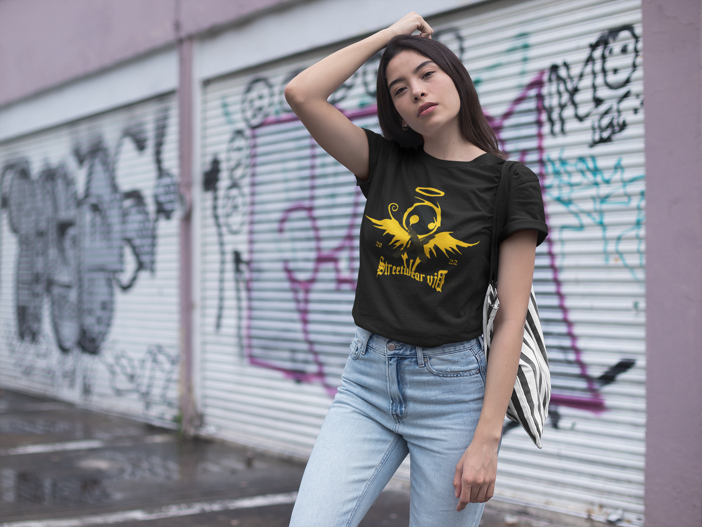 Regular Fit Classic Fit Angel Black T-Shirt Women