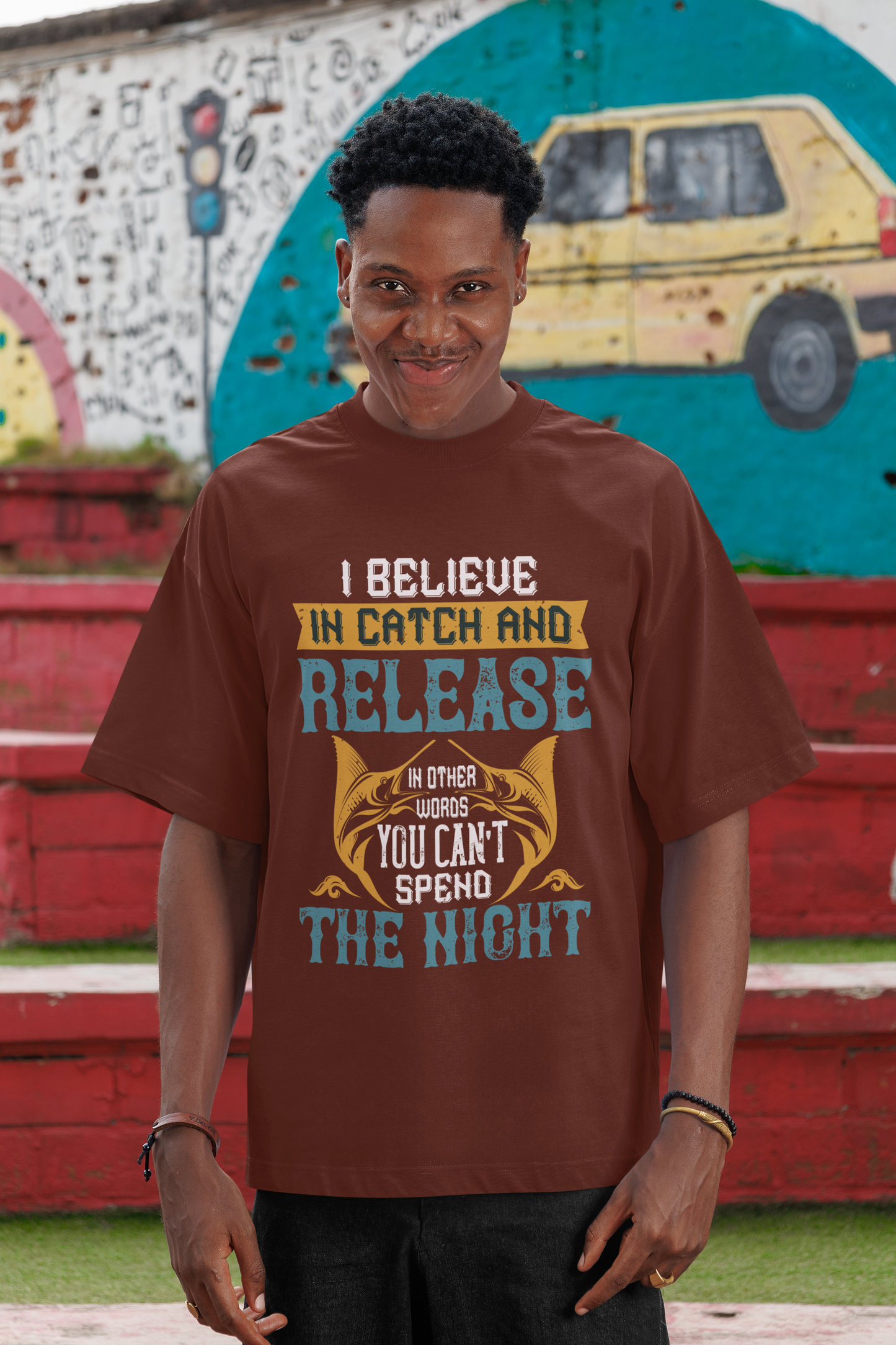 Oversized Extended Neck Catch & Release T-Shirt Brown
