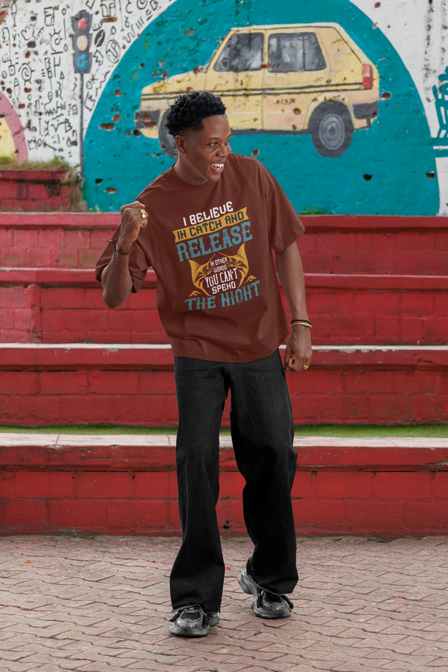 Oversized Extended Neck Catch & Release T-Shirt Brown