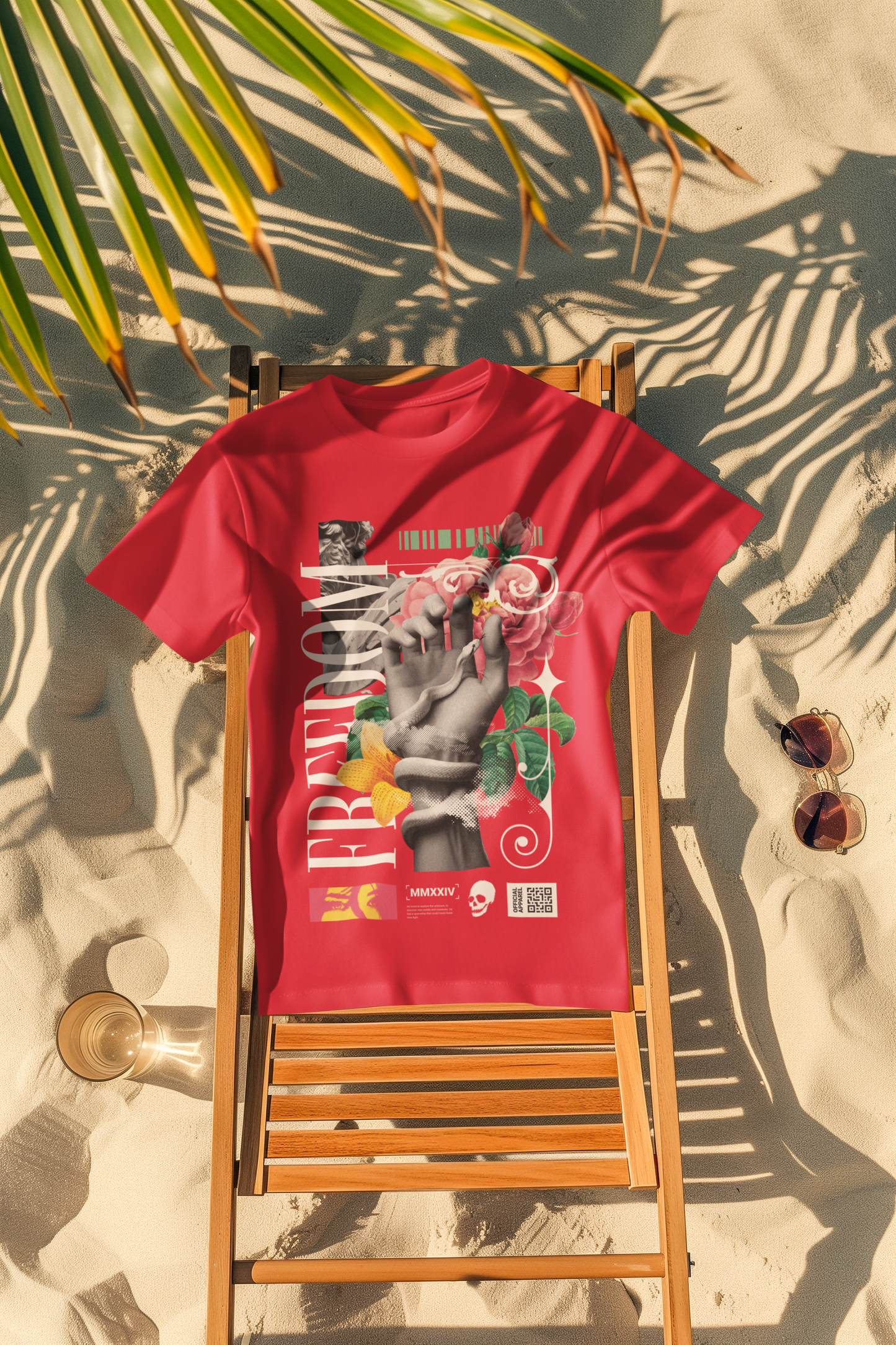 Oversized Extended Neck Freedom Hand Graphic T Shirt Red
