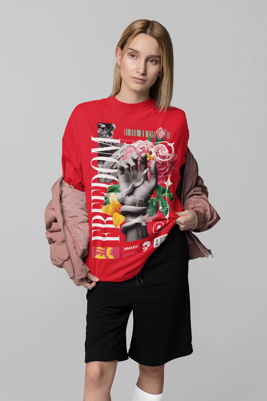 Oversized Extended Neck Freedom Hand Graphic T Shirt Red