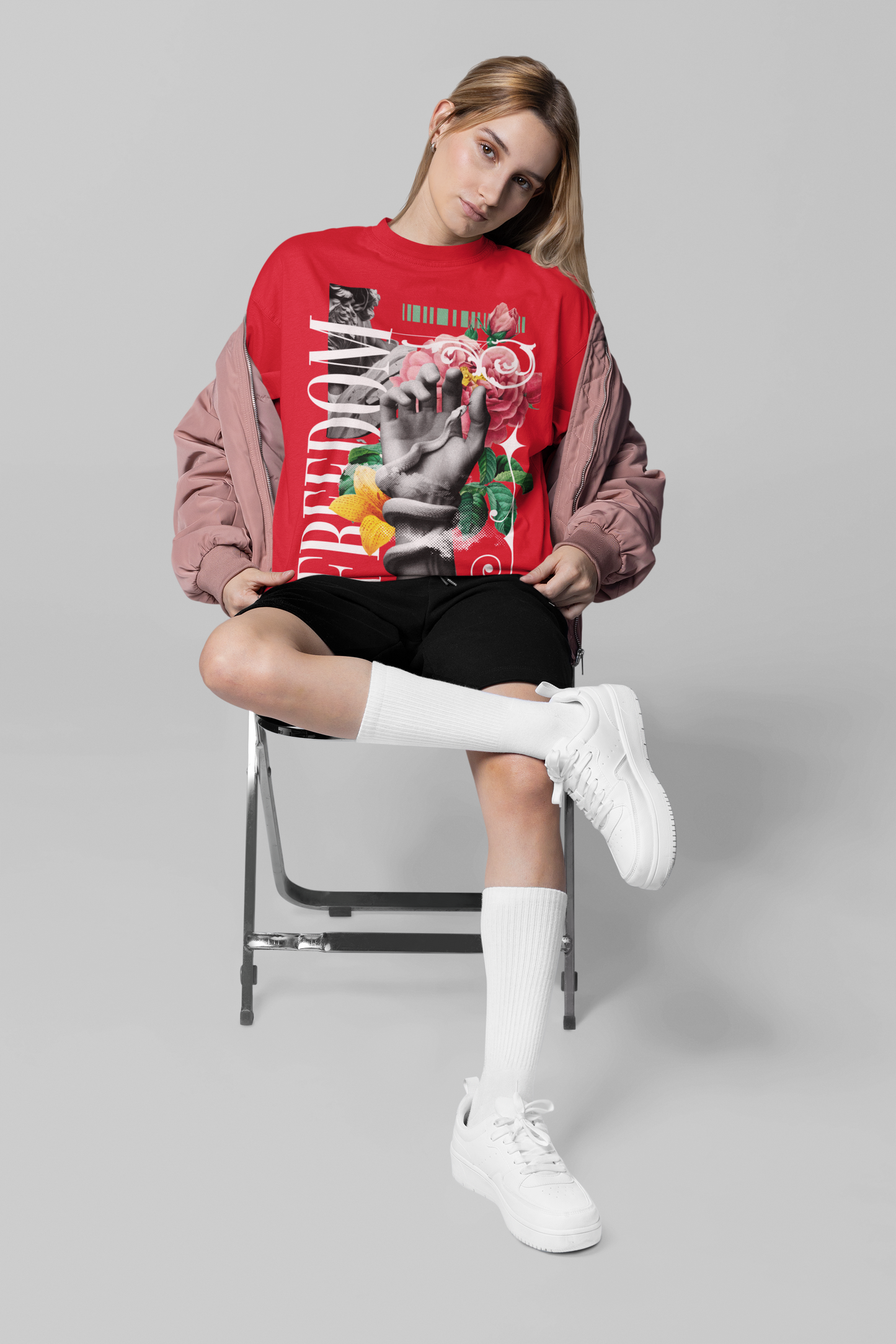 Oversized Extended Neck Freedom Hand Graphic T Shirt Red