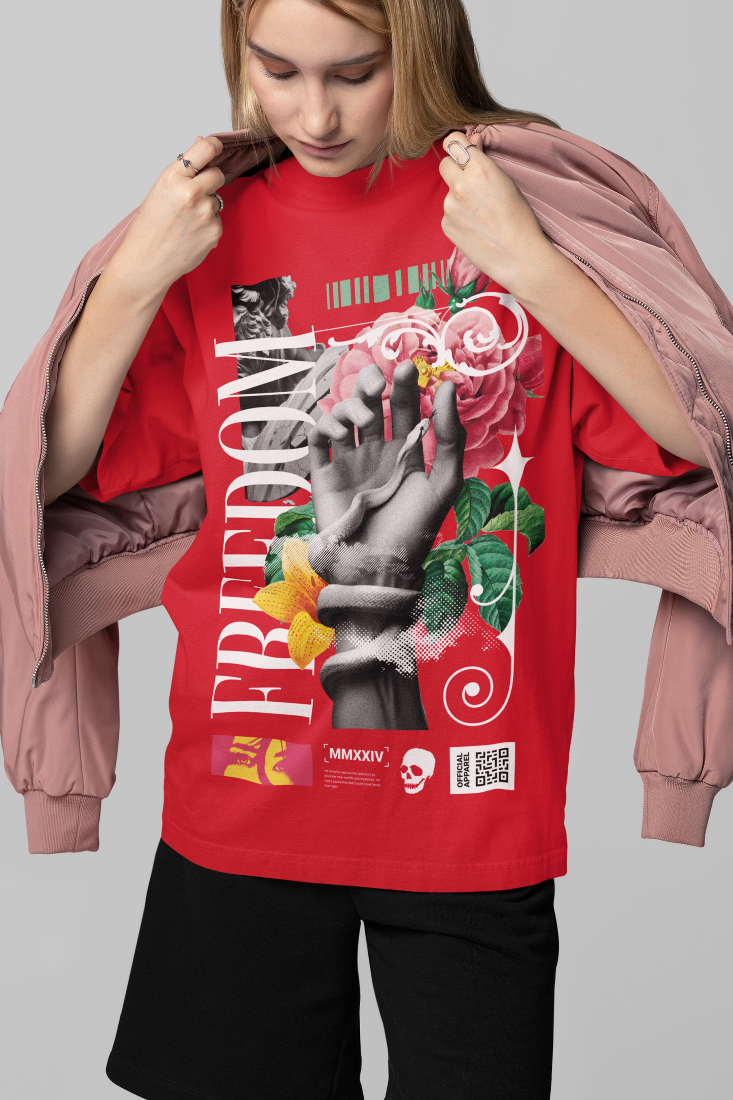 Oversized Extended Neck Freedom Hand Graphic T Shirt Red