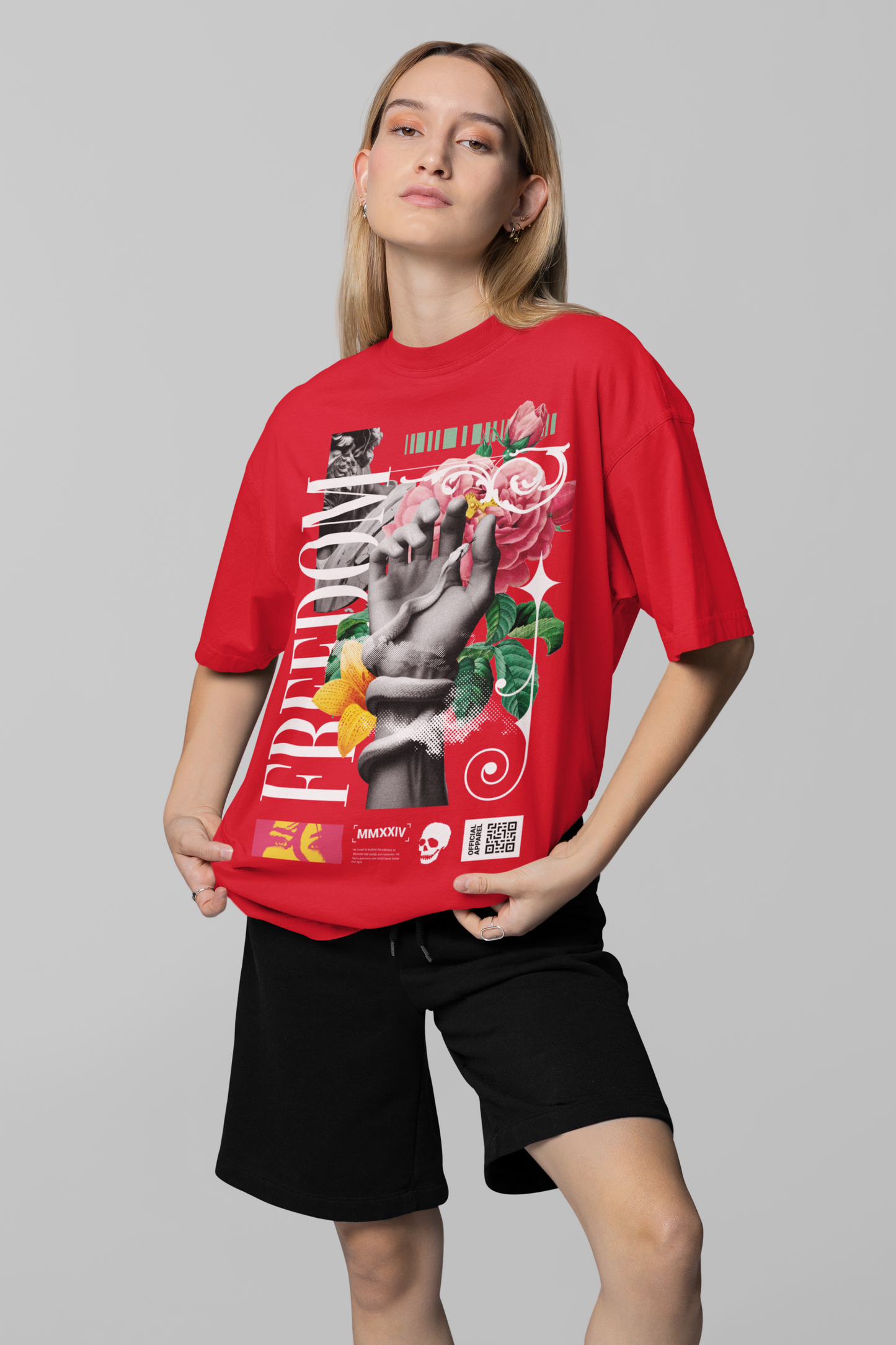 Oversized Extended Neck Freedom Hand Graphic T Shirt Red