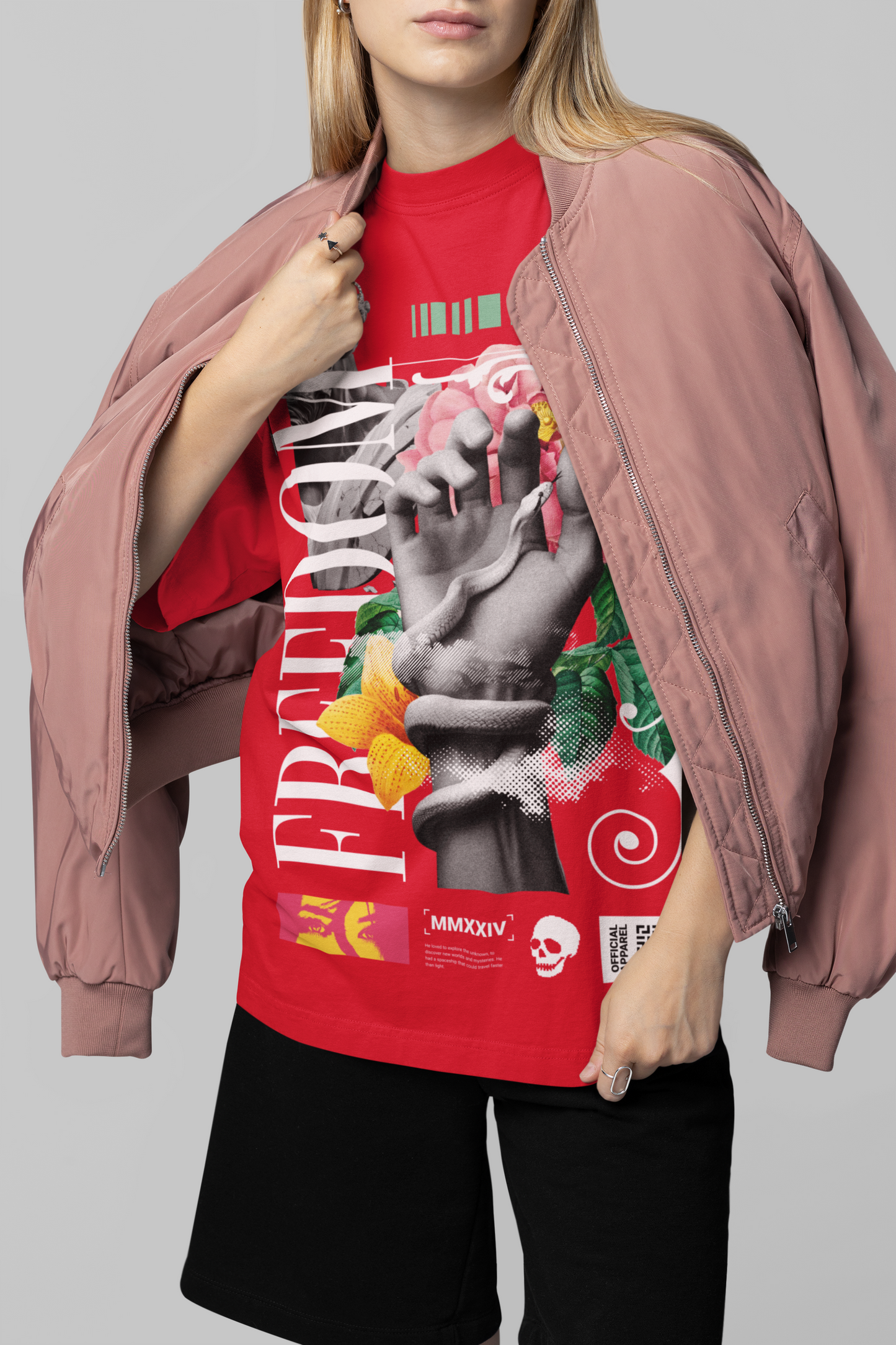 Oversized Extended Neck Freedom Hand Graphic T Shirt Red