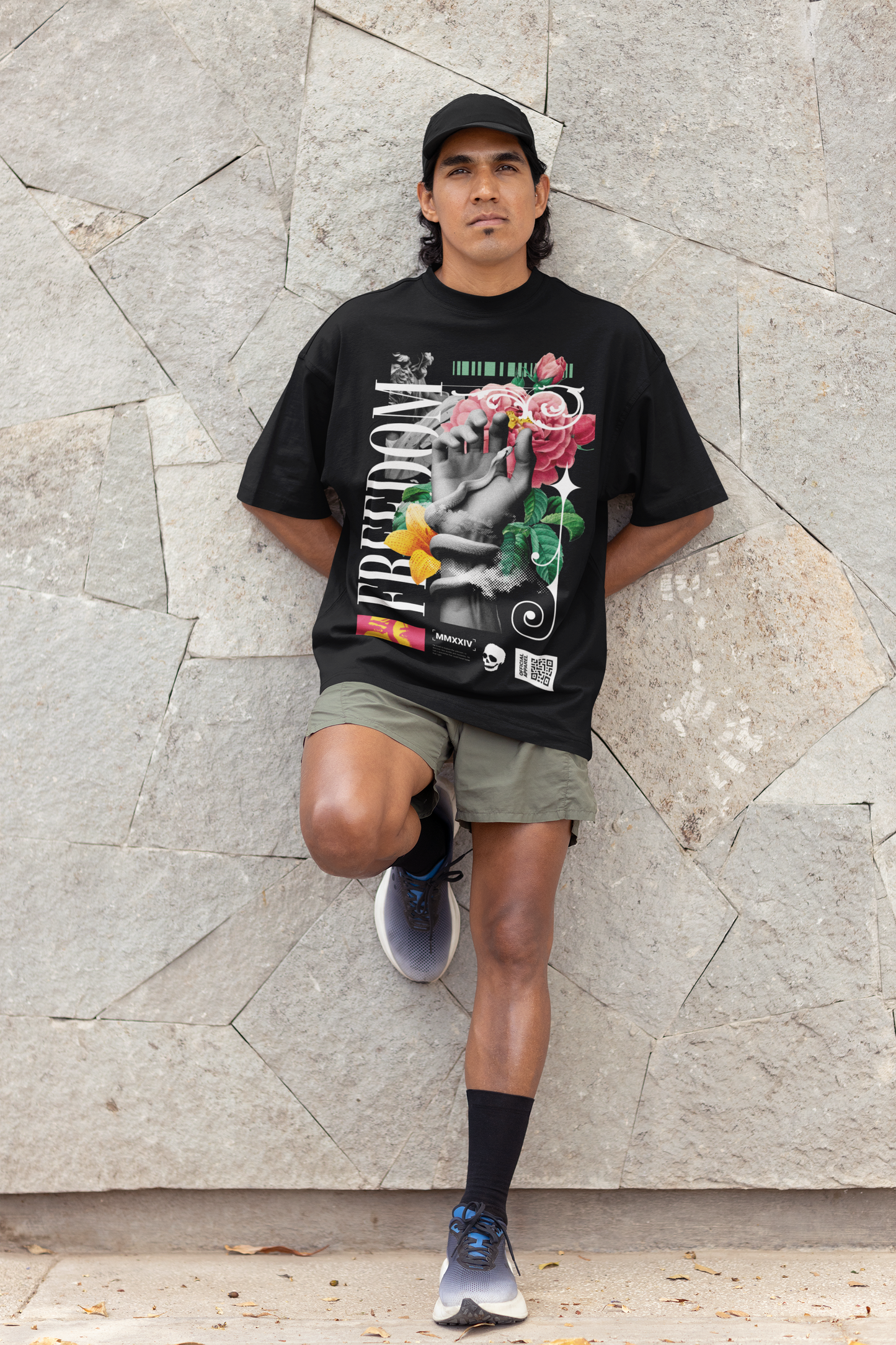 Oversized Extended Neck Freedom Hands T-Shirt Black