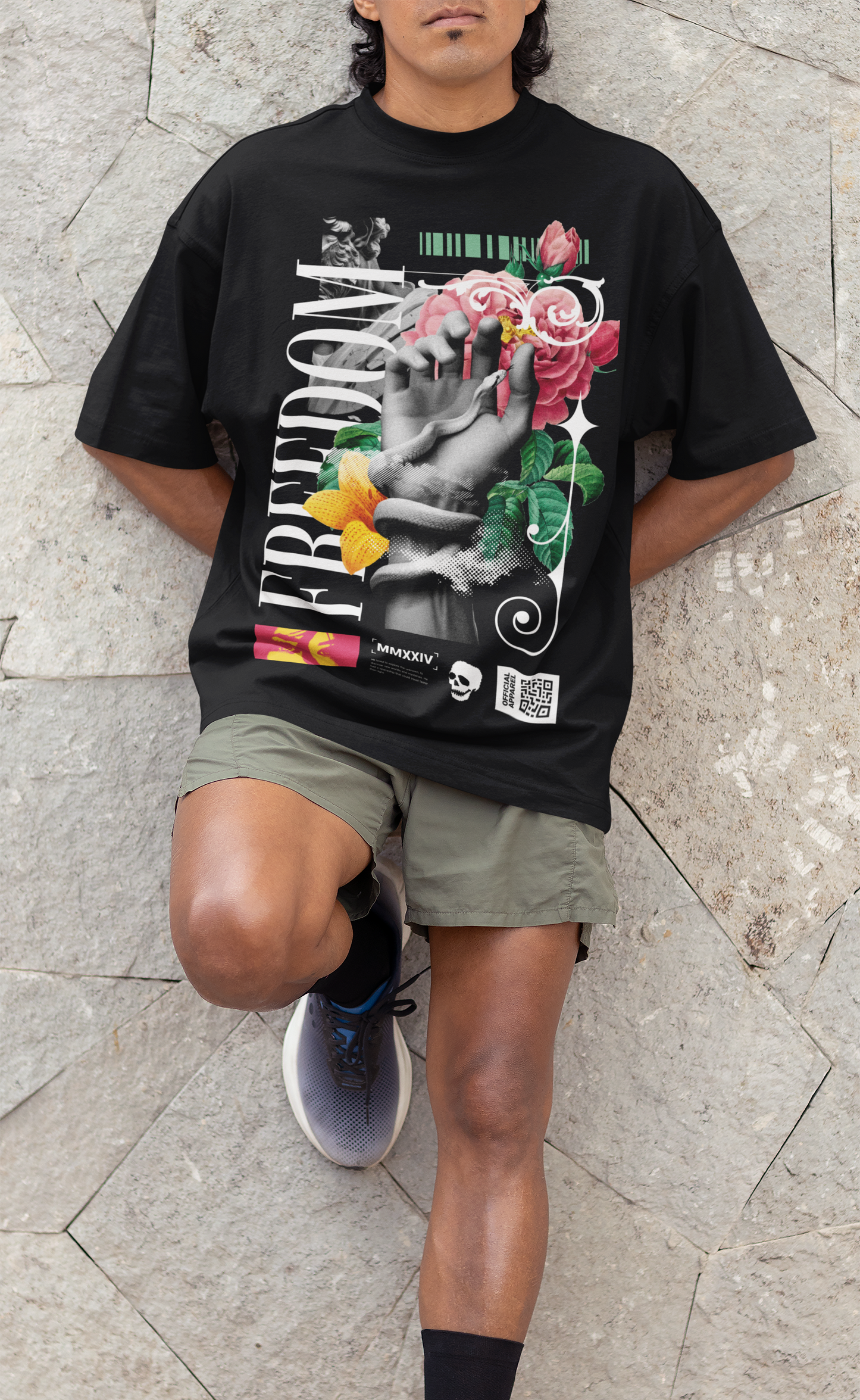 Oversized Extended Neck Freedom Hands T-Shirt Black