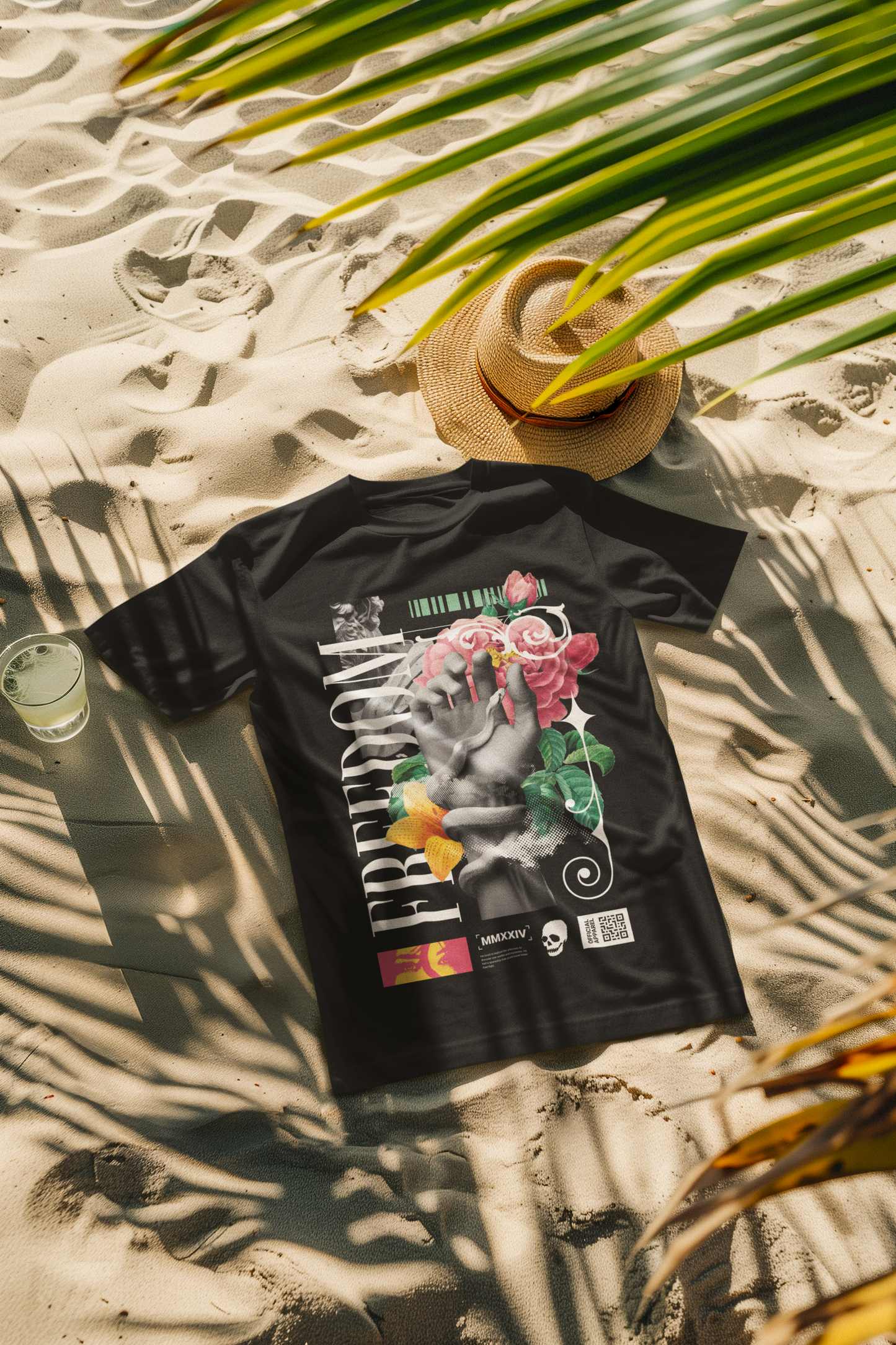 Oversized Extended Neck Freedom Hands T-Shirt Black