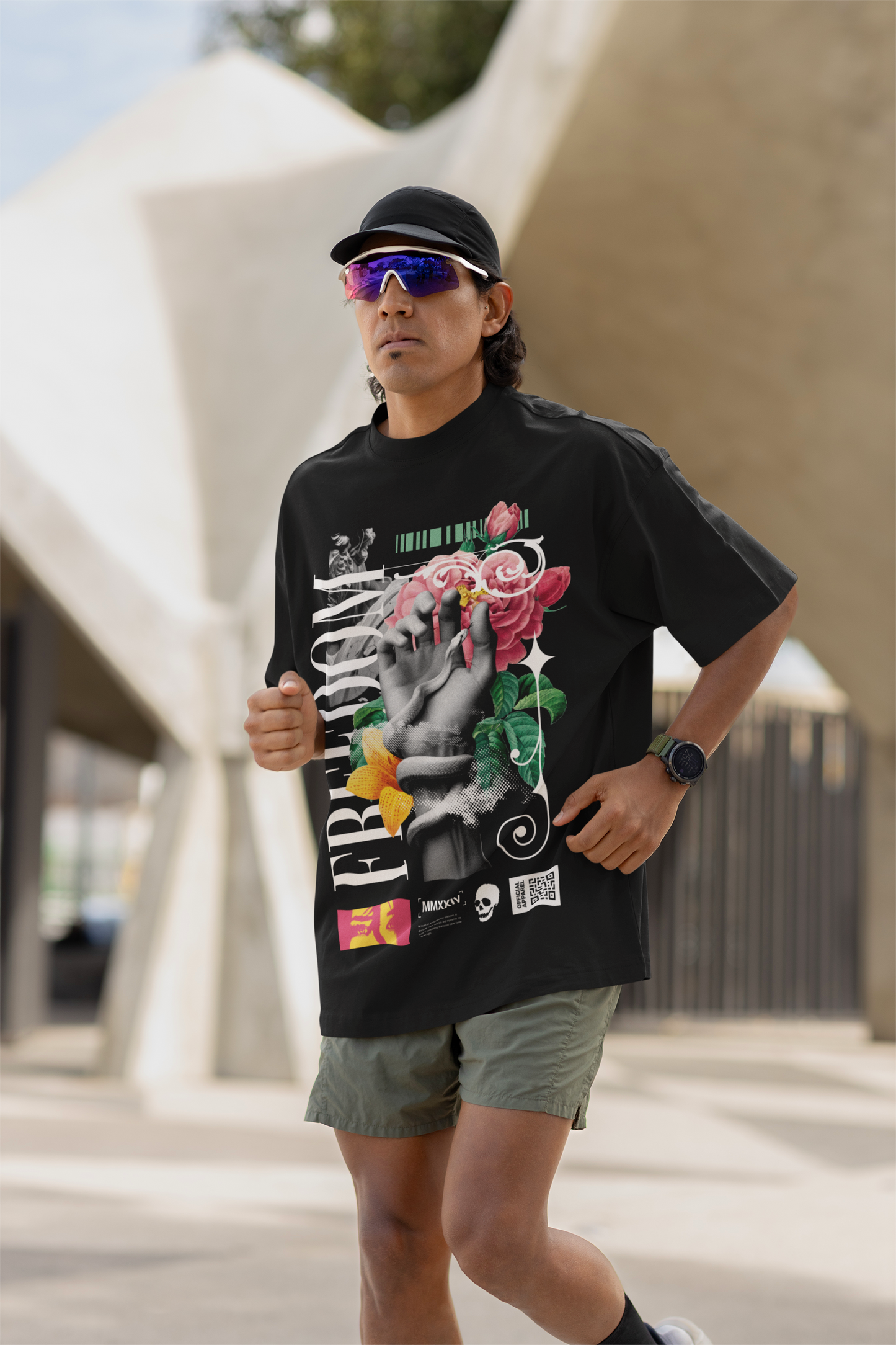 Oversized Extended Neck Freedom Hands T-Shirt Black
