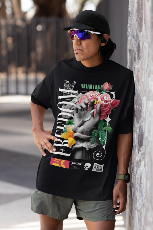 Oversized Extended Neck Freedom Hands T-Shirt Black
