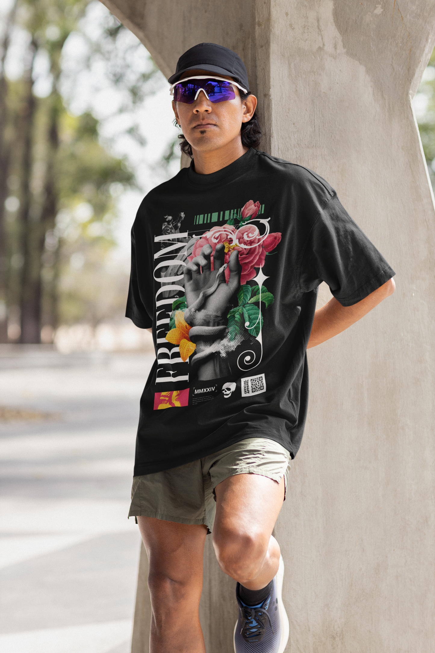 Oversized Extended Neck Freedom Hands T-Shirt Black