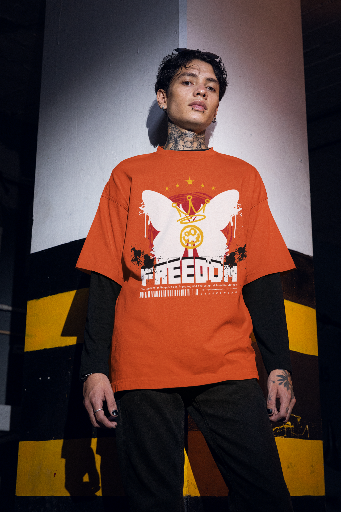 Oversized Extended Neck Freedom T-Shirt Orange