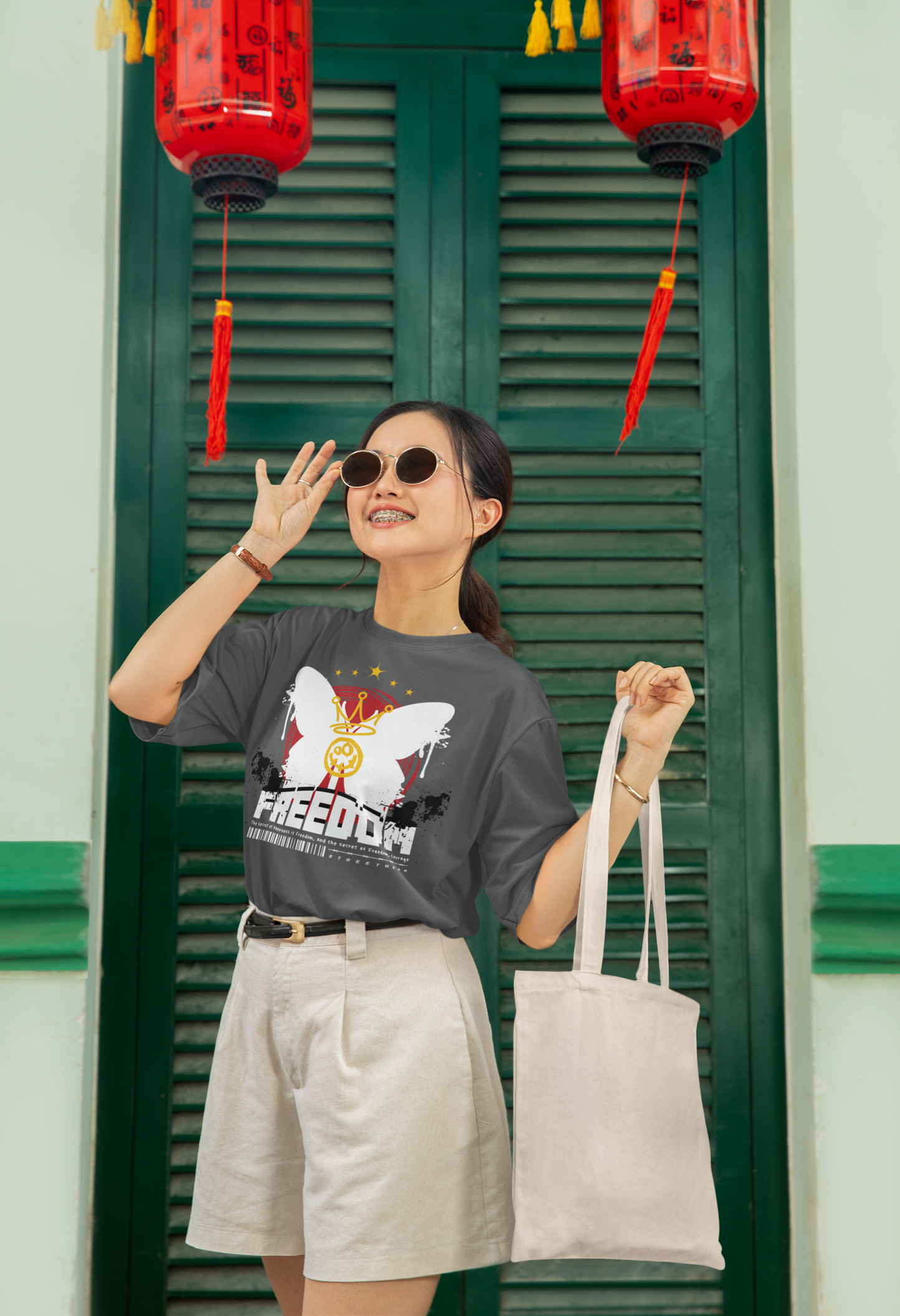 Oversized Extended Neck Freedom Graphic T Shirt Grey