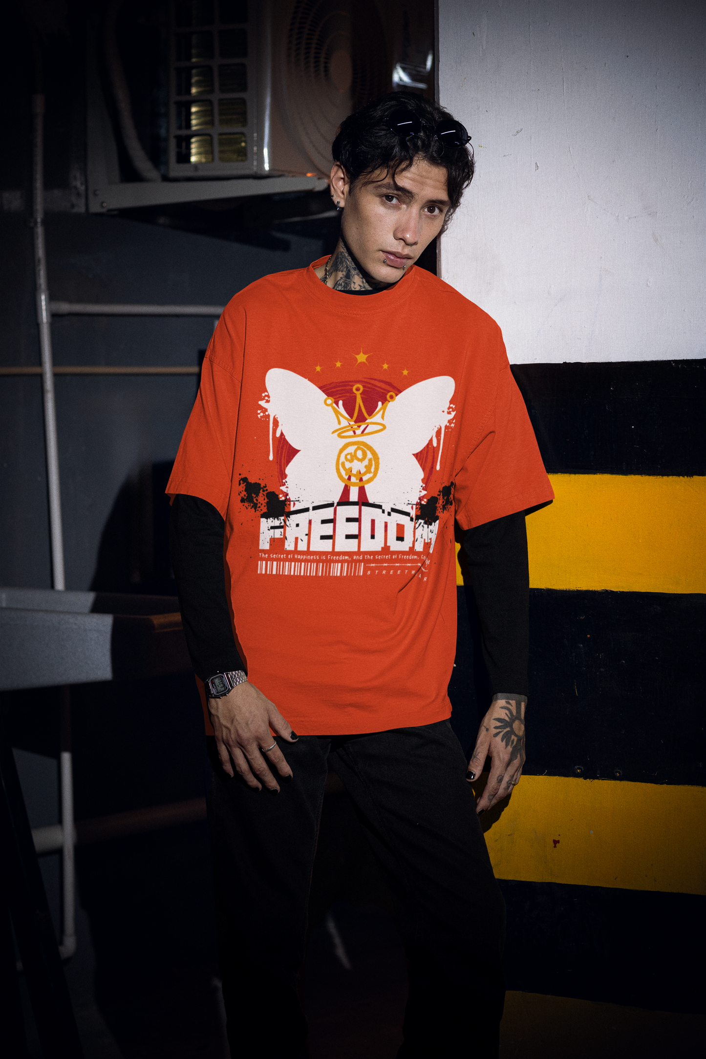 Oversized Extended Neck Freedom T-Shirt Orange