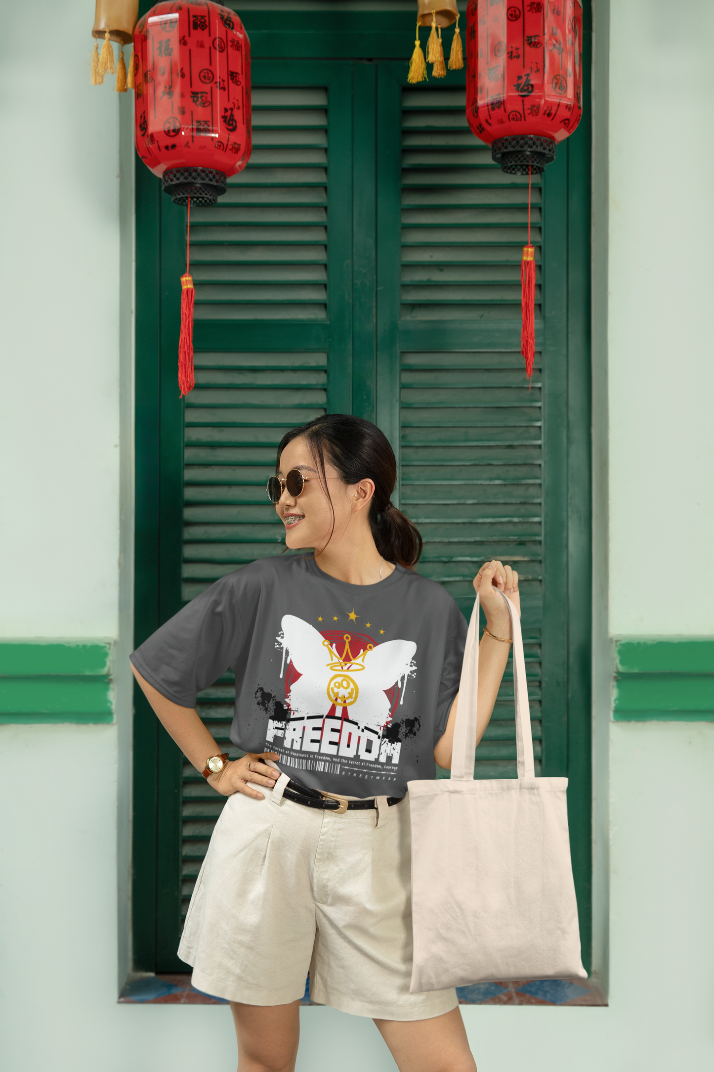 Oversized Extended Neck Freedom Graphic T Shirt Grey