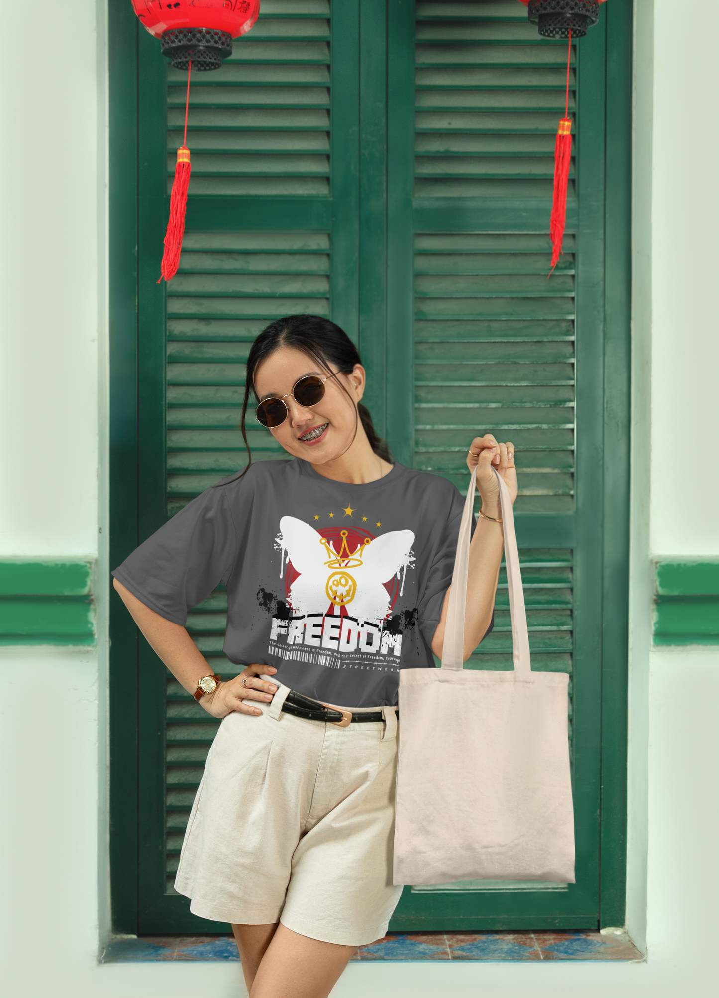 Oversized Extended Neck Freedom Graphic T Shirt Grey