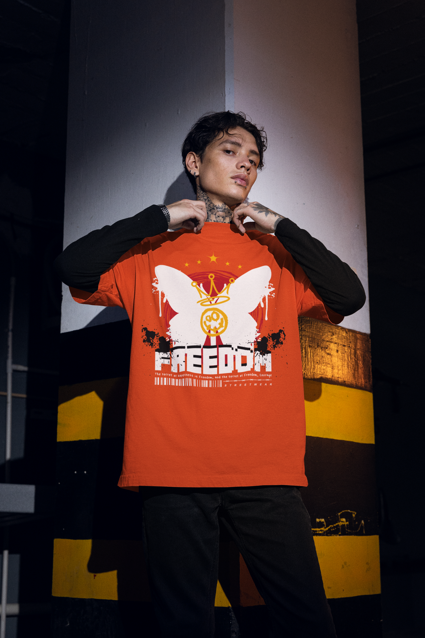 Oversized Extended Neck Freedom T-Shirt Orange