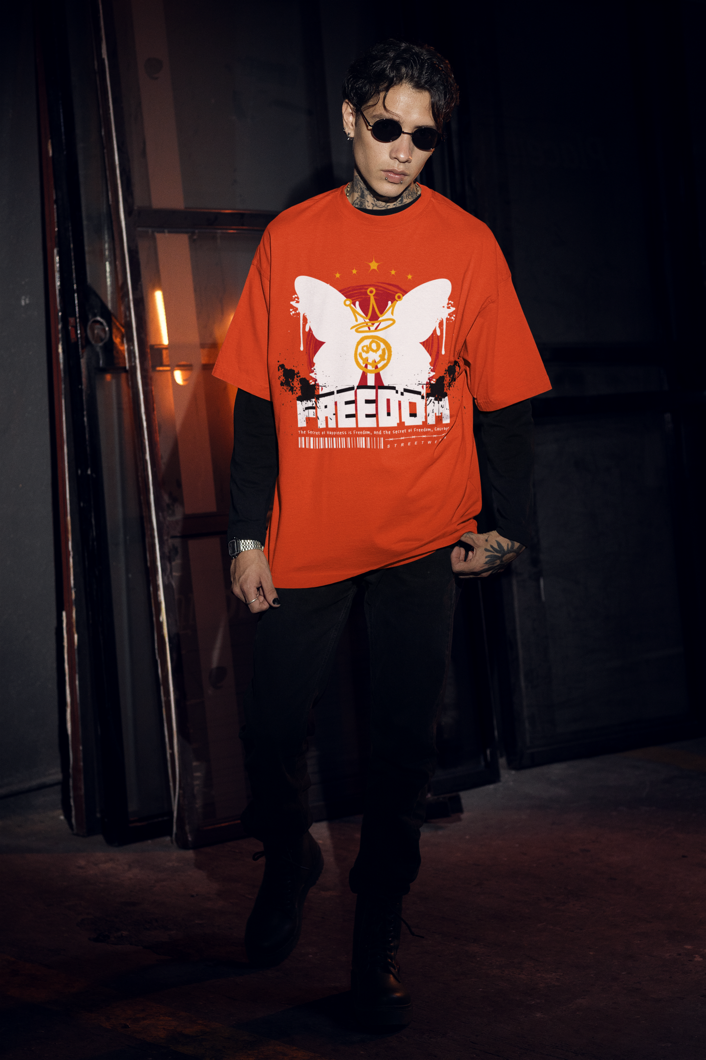 Oversized Extended Neck Freedom T-Shirt Orange