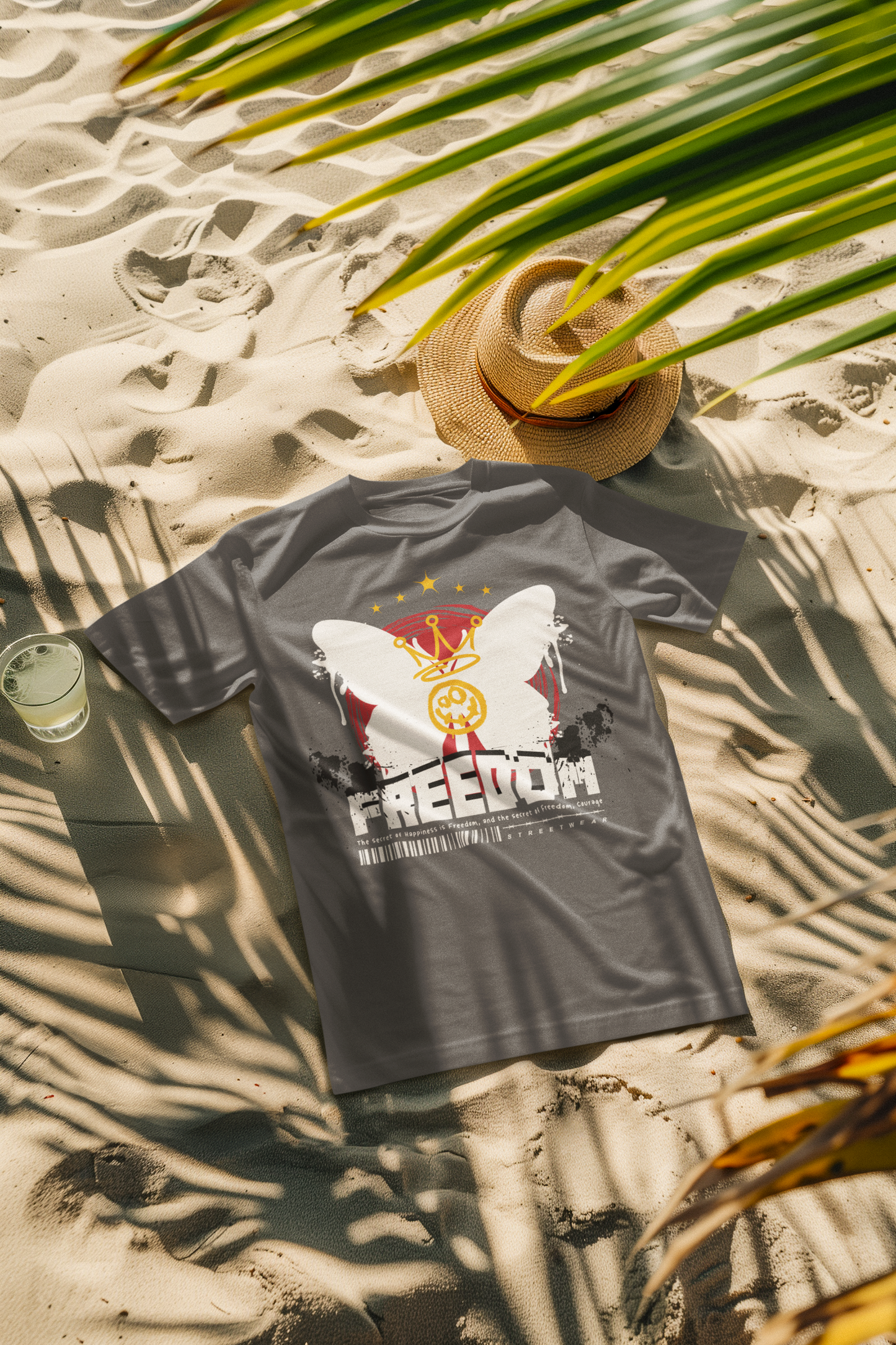 Oversized Extended Neck Freedom Graphic T Shirt Grey