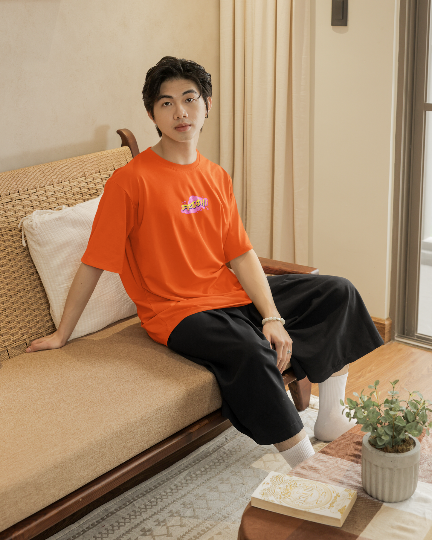 Oversized Extended Neck Basic Fresh T Shirt Orange