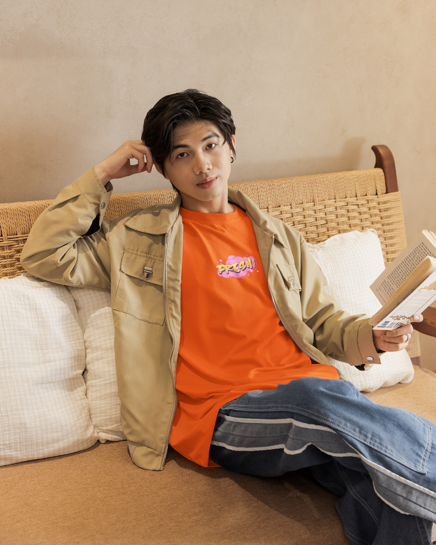 Oversized Extended Neck Basic Fresh T Shirt Orange