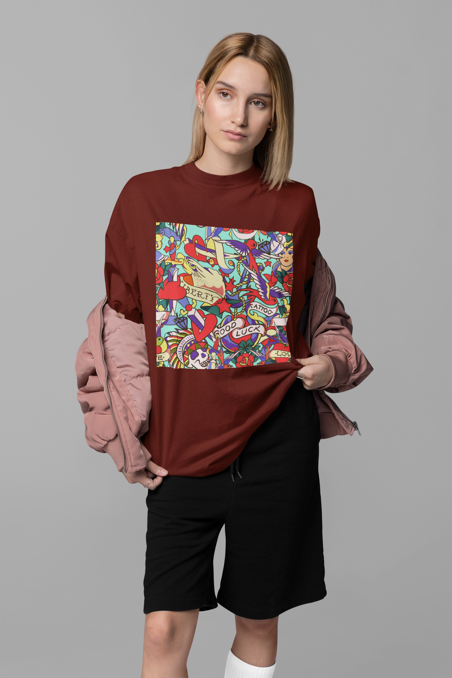 Oversized Extended Neck Graffiti T Shirt Brown