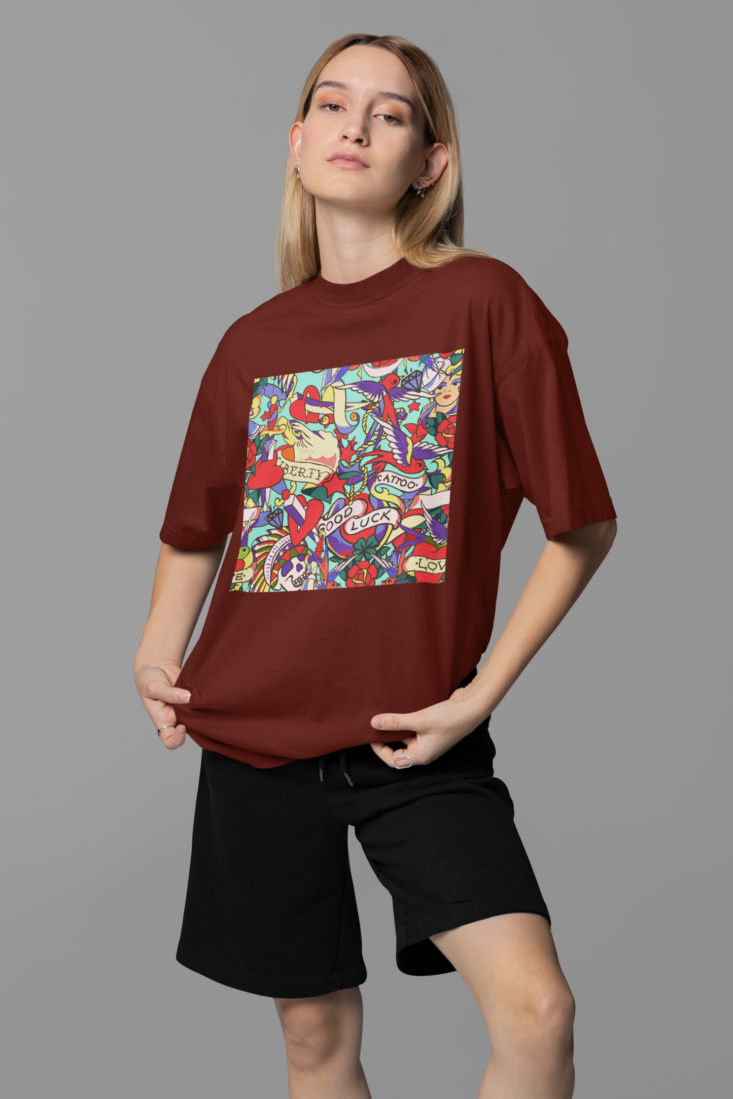 Oversized Extended Neck Graffiti T Shirt Brown