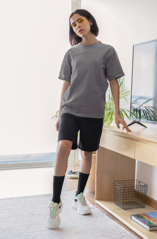 Oversized Extended Neck Basic T Shirt Grey Gray