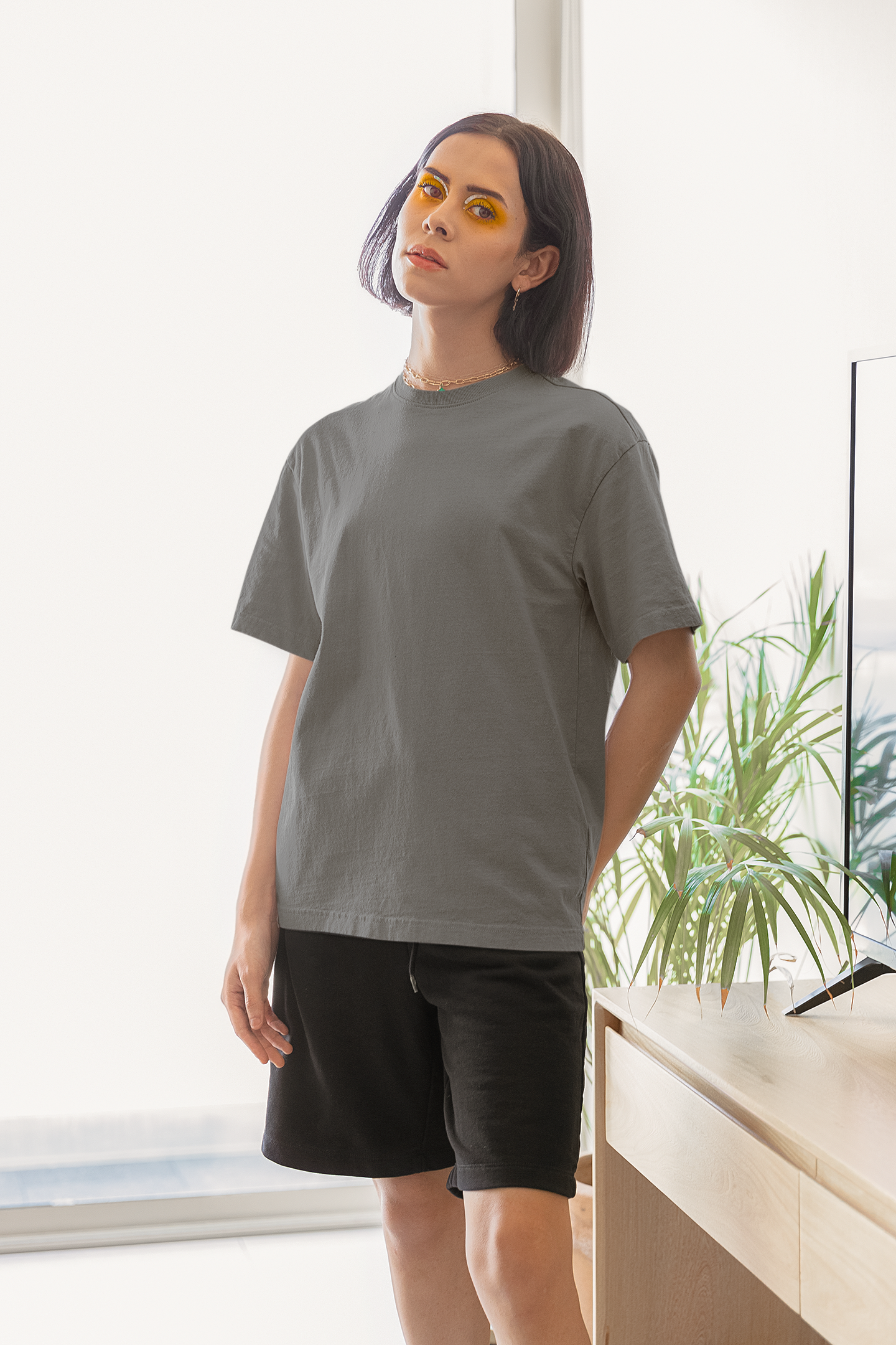 Oversized Extended Neck Basic T Shirt Grey Gray