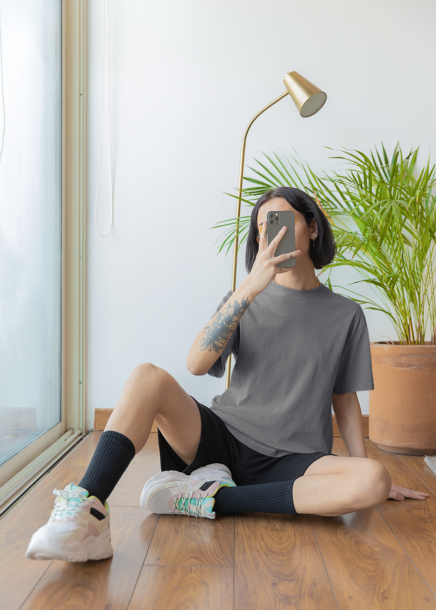 Oversized Extended Neck Basic T Shirt Grey Gray