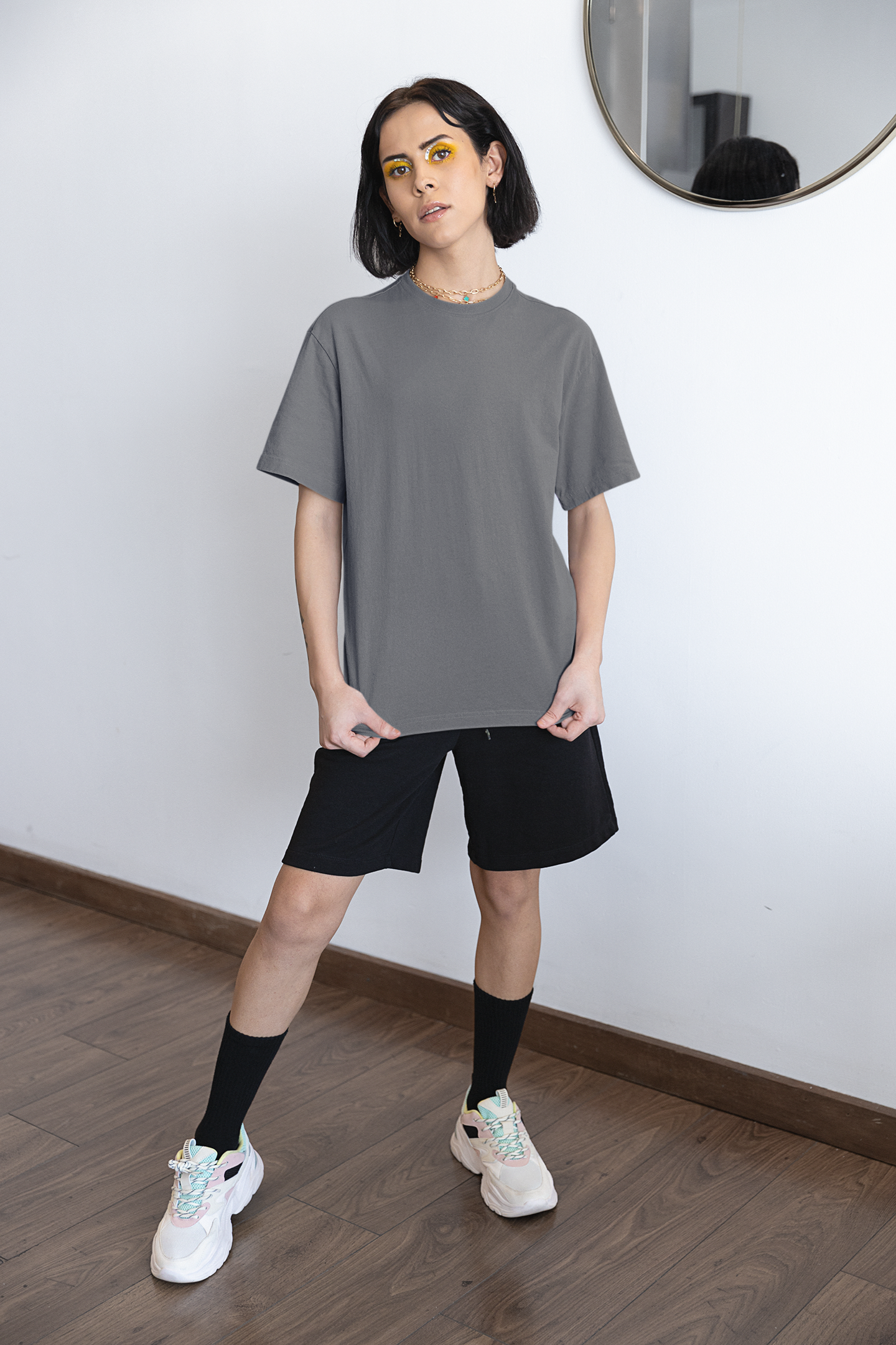 Oversized Extended Neck Basic T Shirt Grey Gray