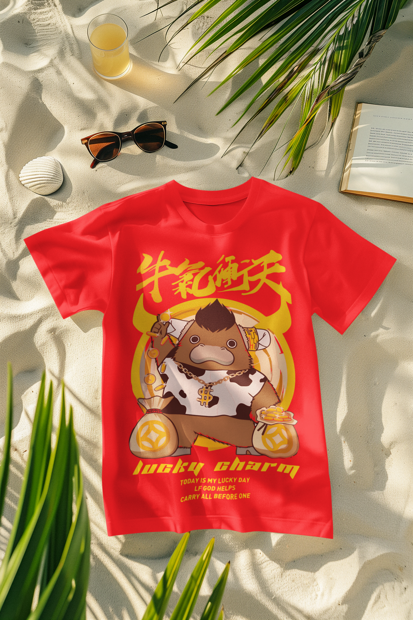 Oversized Extended Neck Lucky Charm T-Shirt Red