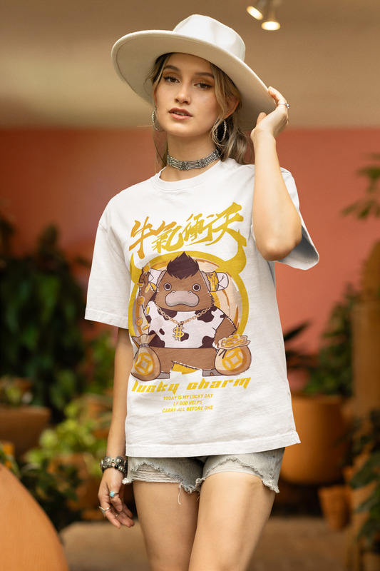 Oversized Extended Neck Lucky Cow Charm Graphic T Shirt White