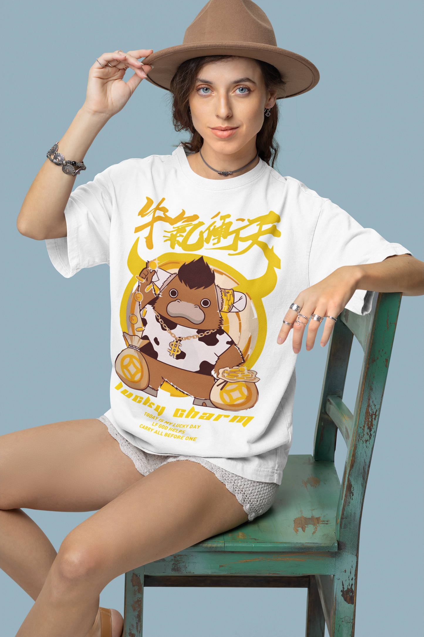 Oversized Extended Neck Lucky Cow Charm Graphic T Shirt White